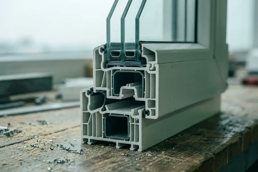 Doorsnede van een pvc-profiel met meerdere kamers en driedubbel glas